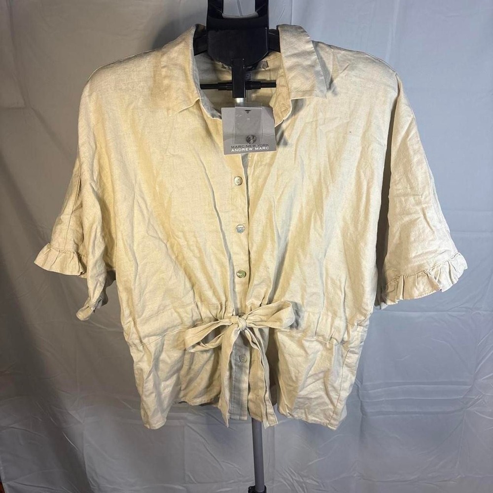 NWT Andrew Marc Cream linen tie waist shirt